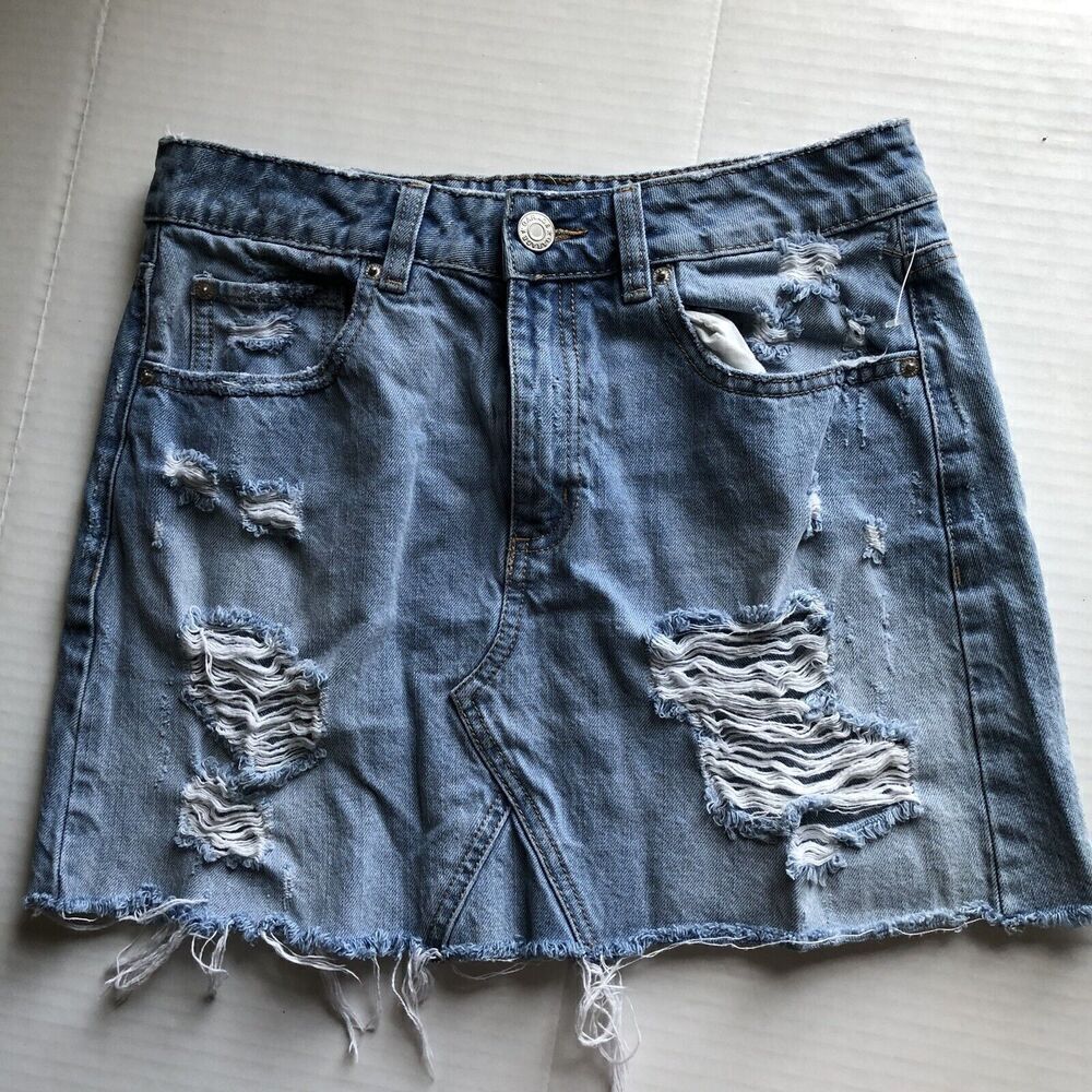 Garage Distressed Holes Raw Hem Jean Skirt Sz S A2990